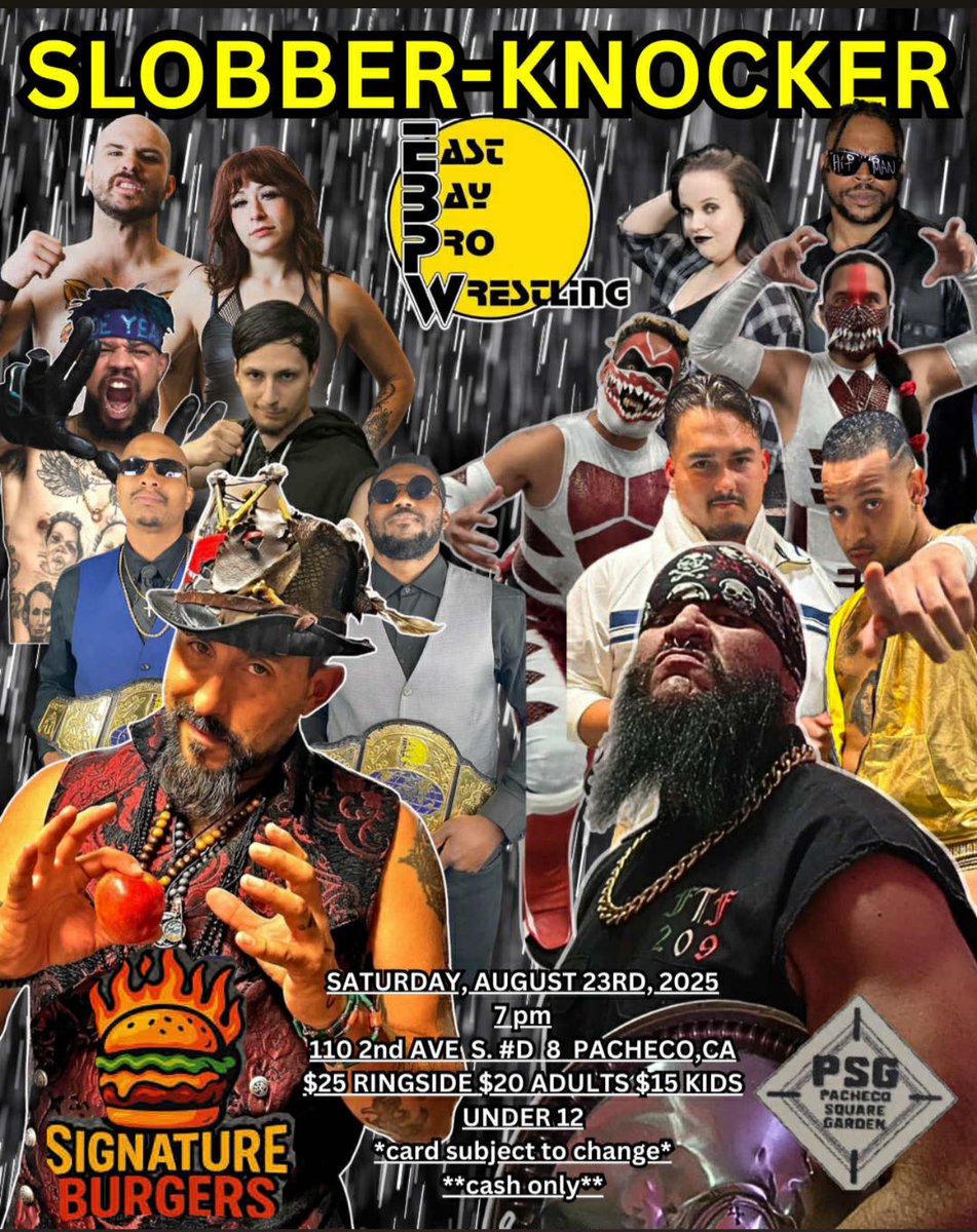 East Bay Pro Wrestling (@ebpwrestling) on Twitter photo #TONIGHT @ 7pm
*EBPW champ Devin Danger v Jesus Kruze
*EBPW tag champs NGA v Franchise Playas
*PSG Showcase champ Miles Harley v <a href="/Bishop_Dorian45/">Bishop Dorian</a>
*MOEHAWK v Monstars Inc (<a href="/ChupyChupy/">El Chupacabra</a> & <a href="/moizilla_kaiju/">Moizilla</a>)
*Wayne & Nicole Amity v <a href="/NastyNashPW/">Nasty Brandon Nash</a> & Annabel Skye
*Dreamy Drew v Erik Dennis #TONIGHT @ 7pm
*EBPW champ Devin Danger v Jesus Kruze
*EBPW tag champs NGA v Franchise Playas
*PSG Showcase champ Miles Harley v <a href="/Bishop_Dorian45/">Bishop Dorian</a>
*MOEHAWK v Monstars Inc (<a href="/ChupyChupy/">El Chupacabra</a> & <a href="/moizilla_kaiju/">Moizilla</a>)
*Wayne & Nicole Amity v <a href="/NastyNashPW/">Nasty Brandon Nash</a> & Annabel Skye
*Dreamy Drew v Erik Dennis