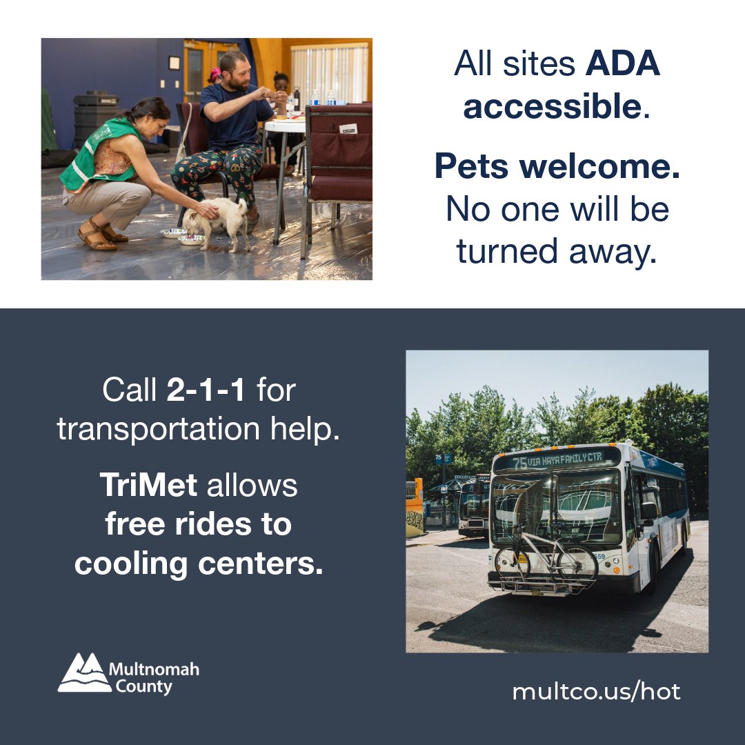 multco's tweet image. Multiple days of extreme heat. Stay safe and spread the word about cooling centers open today (Sat. Aug 23) from noon-9pm:  

➡️Multnomah County East Building, 600 NE 8th ave, Gresham 
➡️Friendly House, 1737 N.W. 26th Ave., Portland  

More resources at multco.us/hot