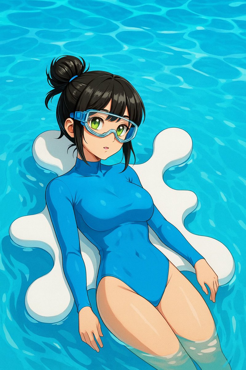 青い水着のキャラクターが分子形の浮き輪でプールに浮かんでいるアニメ風イラスト。Big PharmaiとBioProtocolの流動性プールパーティーを象徴する画像