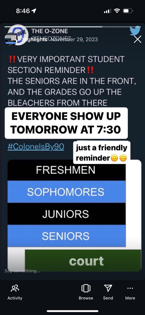 GUYS REMEMBER WHOEVER IS PLANNING ON COMING TO THE GAME TONIGHT REMEMBER THIS IS WHERE YALL STAND IN THE STUDENT SECTION! SENIORS IN FRONT, FRESHMAN IN THE BACK! BE THERE @ 7:30