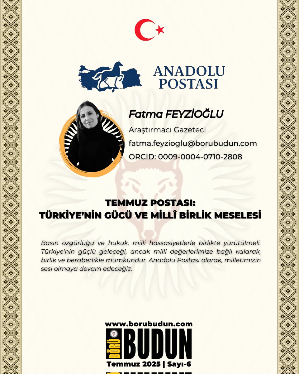 Fatma Feyzioğlu’nun hazırlamış olduğu “Temmuz Postası: Türkiye’nin Gücü ve Millî Birlik Meselesi” haberleri, Börü Budun Dergisi’nin 6. sayısının Anadolu Postası bölümünde sizlerle...

<a href="/AnadoluPostasiX/">Anadolu Postası Gazetesi</a>

#BörüBudun #BörüBudunDergisi #AnadoluPostası