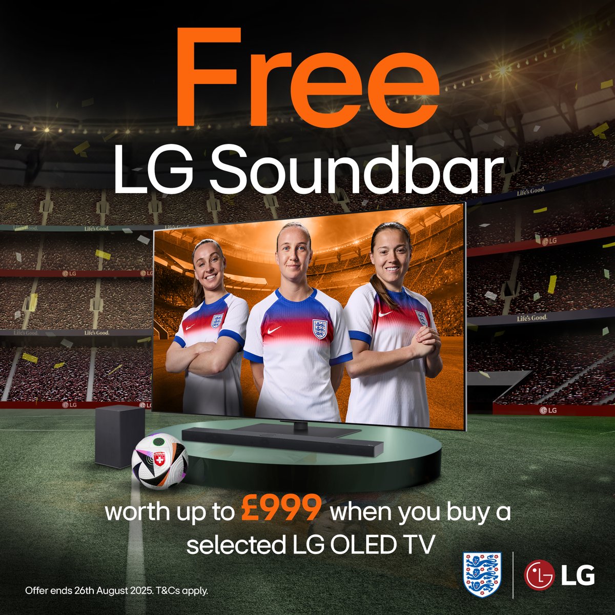 LGUK's tweet image. Score big with a FREE LG Soundbar when you buy a selected LG OLED TV ⚽🔥

Offer ends soon!
👉 lg.com/uk/promotion/f… 

#WatchingChangesEverything 
#LGTV #LGOLED #Soundbar #Offer