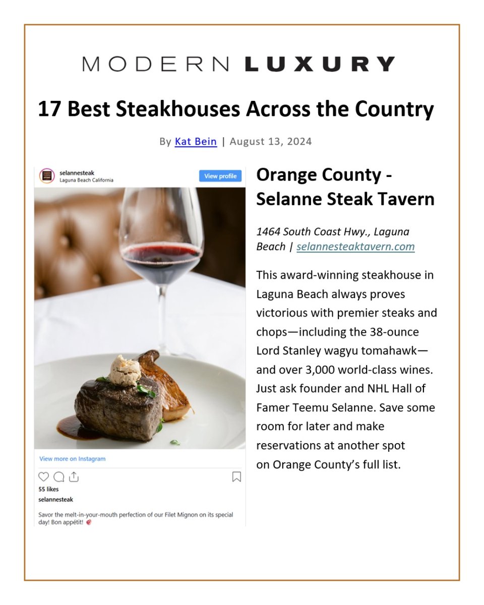 🥩✨ Honored to be named among the 17 Best Steakhouses Across the Country by @modernluxury — and the #1 spot in Orange County! 🍷 Thank you to our incredible team and loyal guests who make every dining experience unforgettable.