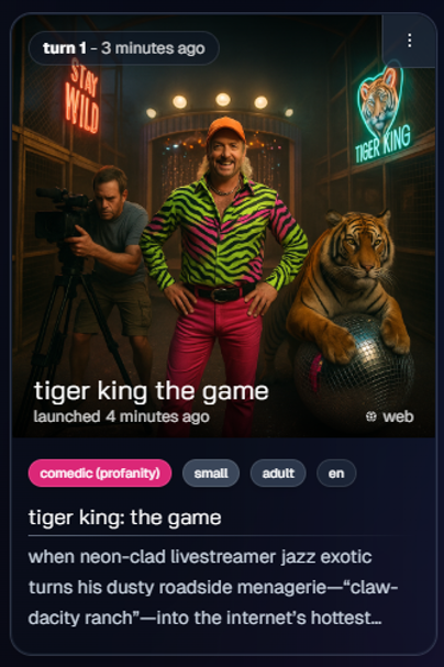 aiga_io's tweet image. Booted up our pre-launch build and somehow ended up managing a Tiger King livestream.

Choices included:
• unleash the cat
• fix Chad’s camera
• go full Jazz Exotic

Yes, I went full Jazz.

#AIgame #AIGaming