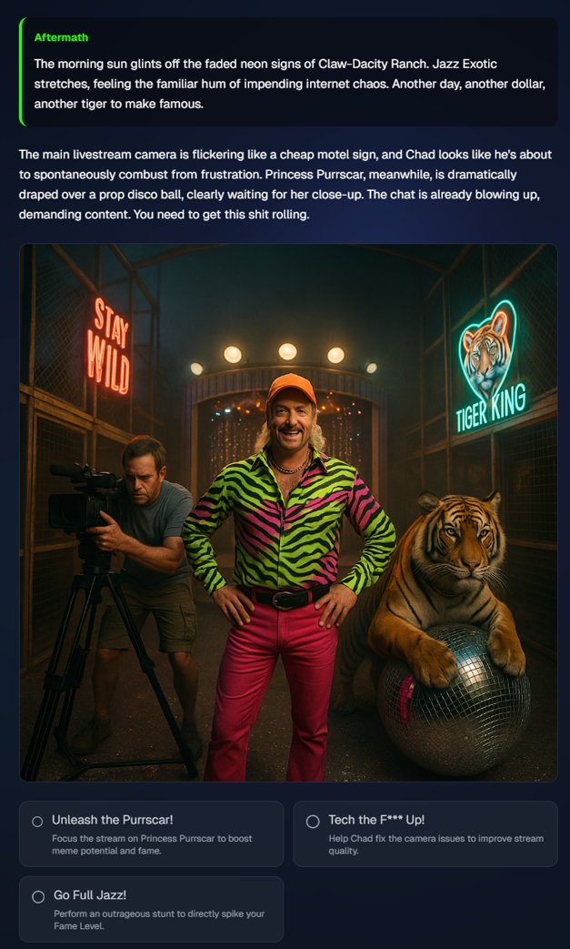 aiga_io's tweet image. Booted up our pre-launch build and somehow ended up managing a Tiger King livestream.

Choices included:
• unleash the cat
• fix Chad’s camera
• go full Jazz Exotic

Yes, I went full Jazz.

#AIgame #AIGaming
