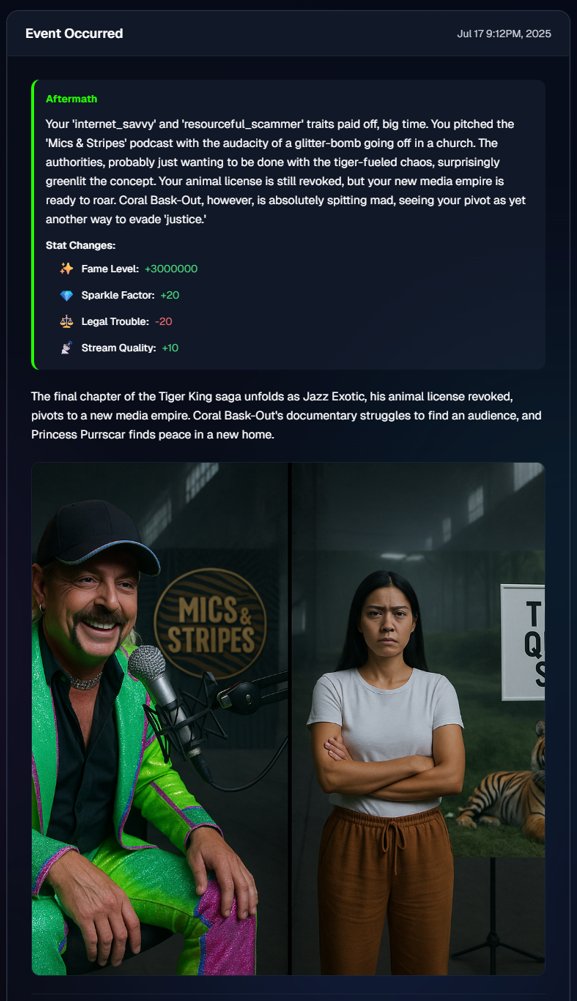 aiga_io's tweet image. Booted up our pre-launch build and somehow ended up managing a Tiger King livestream.

Choices included:
• unleash the cat
• fix Chad’s camera
• go full Jazz Exotic

Yes, I went full Jazz.

#AIgame #AIGaming