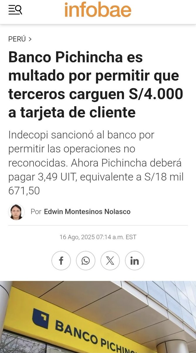 Miren <a href="/superbancosEC/">SuperDeBancosEc</a>
en Perú si le ponen freno a
#BancoPichincha 
Y aquí, ¿cuándo?

Banco Pichincha es sancionado por Indecopi por no tomar medidas para evitar operaciones no reconocidas que se cargaron a la tarjeta de crédito de su cliente.
 share.google/YkJojAsoeihb4S…