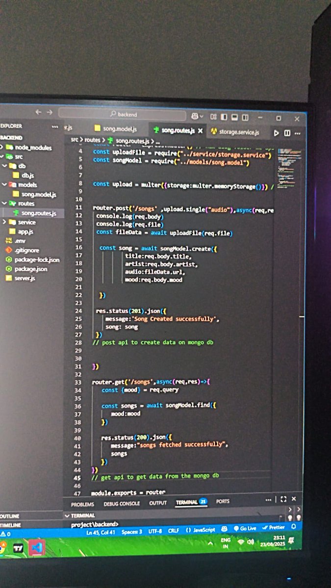 AnujKus33788991's tweet image. Day 4 &amp;amp; 5 ✅ of my #75DaysOfCode

Built POST &amp;amp; GET APIs ⚡

Uploaded songs + images with ImageKit 🎵🖼️

Stored details in MongoDB 🗄️

Tested everything on Postman ✅

Loving how backend pieces fit together step by step 💻🚀

#NodeJS #ExpressJS #MongoDB #API #BackendDev