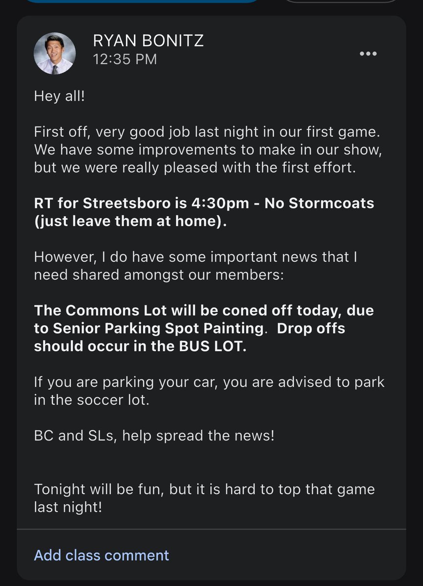 Quick note about drop off for our Tiger Band in Classroom.

Spread the word: Drop off in bus lot, drivers should park in the far lots today.

RT: 4:30 to THS.

Streetsboro Band Blast starts at 6:00pm!
<a href="/theTwinsburgHS/">THS</a>