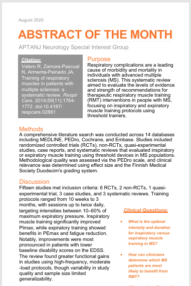 Neurology SIG: Abstract of the Month
Respiratory complications are a leading cause of morbidity and mortality in individuals with advanced multiple sclerosis (MS). Click below to access full Abstract: