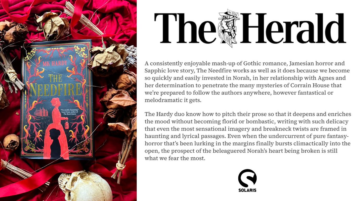 A fabulous view in The Herald for <a href="/mkhardywrites/">MK Hardy</a>' Scottish Sapphic Gothic - THE NEEDFIRE!

"A consistently enjoyable mash-up of Gothic romance, Jamesian horror and Sapphic love story"

Buy: geni.us/needfire