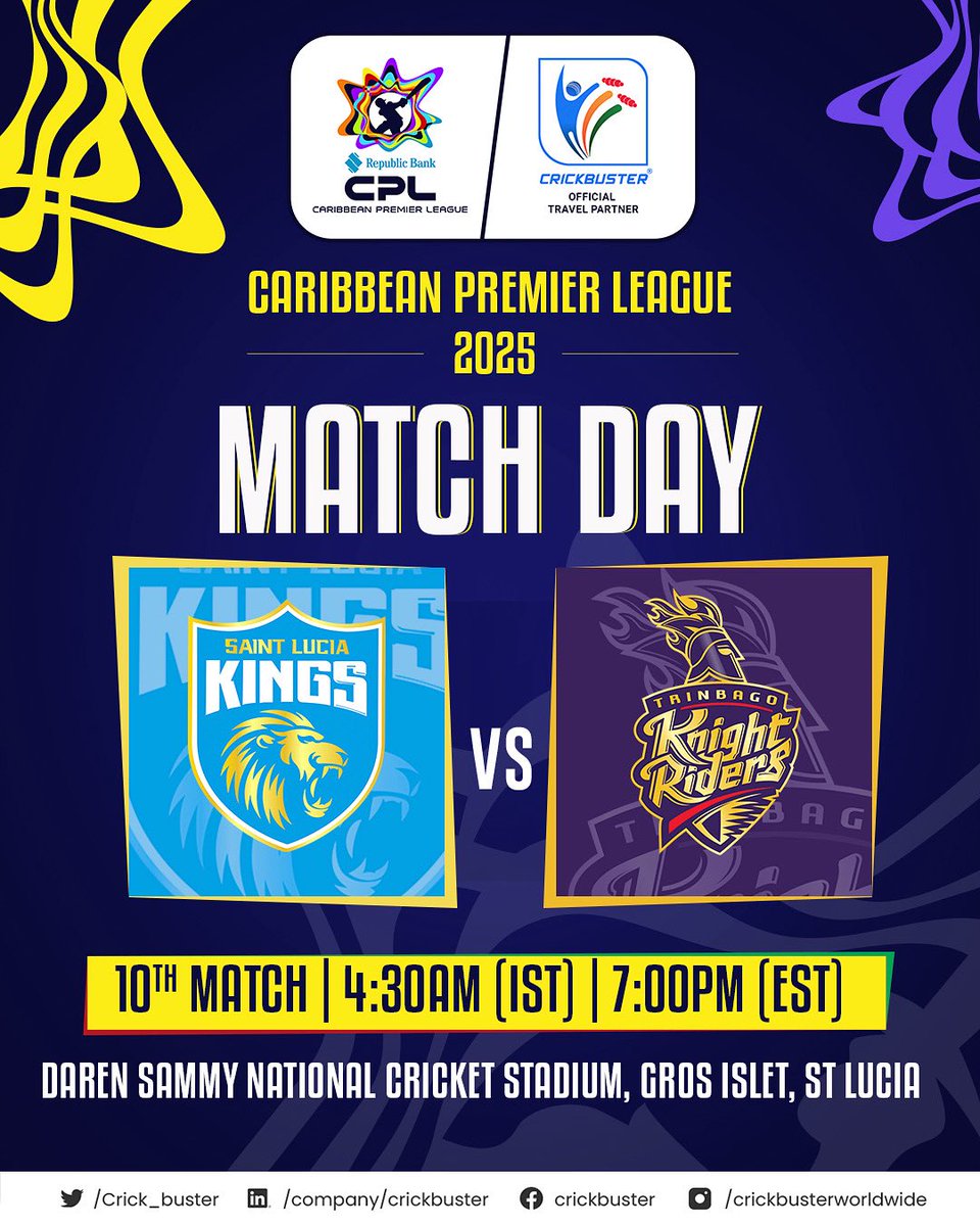 It’s game day in the Caribbean Premier League 2025! 🔥 The Saint Lucia Kings take on Trinbago Knight Riders at Daren Sammy National Cricket Stadium. 

Who’s your pick tonight? 🏏 

#CPL25 #SLKvTKR #Crickbuster