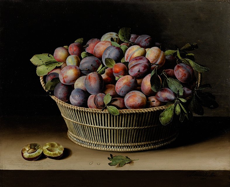 "Still Life with Basket of Plums" - Louyse Moillon (1629). Sold at Sotheby's auction for 1,134,000 Euro <a href="/Sothebys/">Sotheby's</a>.  In private collection. #art #fineart #painting #stilllife #basket #plum #plums #fruits #leafs #flora #private