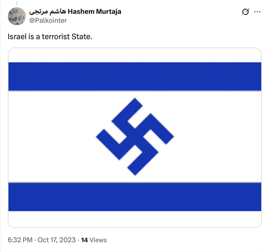 Hashem Murtaja, a Philadelphia-based drone pilot and engineer, 
- refers to Jews as blood thirsty pigs
- claims the Jewish right to self determination (i.e. Zionism) is a terrorist occupation
- compares the world's only Jewish state to the Nazi swastika 

Imagine being Jewish and