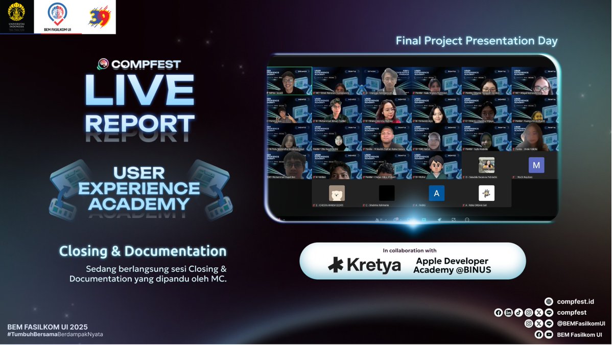COMPFEST's tweet image. Rangkaian acara User Experience Academy COMPFEST 17 Final Project Presentation Day telah selesai dilaksanakan. Sampai jumpa di acara selanjutnya!

#BrillianceThroughAdaption
#Academy
#COMPFEST17