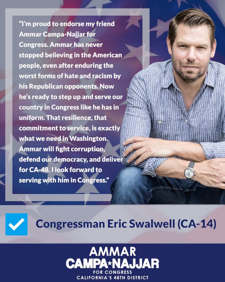 Ammar Campa-Najjar (@acampanajjar) on Twitter photo 🚨 NEW: Thank you <a href="/ericswalwell/">Eric Swalwell</a> for standing with me and #CA48 in this nationwide redistricting fight!
Together, we will win back Congress, end this national nightmare and restore power to the people. 🇺🇸 🚨 NEW: Thank you <a href="/ericswalwell/">Eric Swalwell</a> for standing with me and #CA48 in this nationwide redistricting fight!
Together, we will win back Congress, end this national nightmare and restore power to the people. 🇺🇸