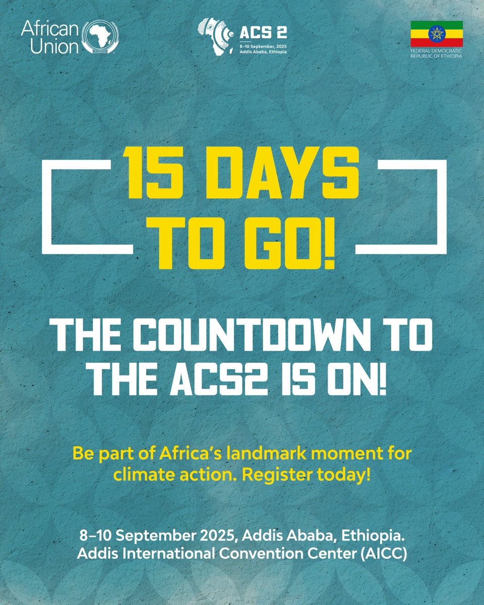 Just 15 days for Africans to come together for the Second Africa Climate Summit (ACS2) in Addis Ababa!

Leaders, youths, private sectors, civil societies, communities and development partners and friends of Africa will unite to accelerate solutions for a sustainable future.

8–10