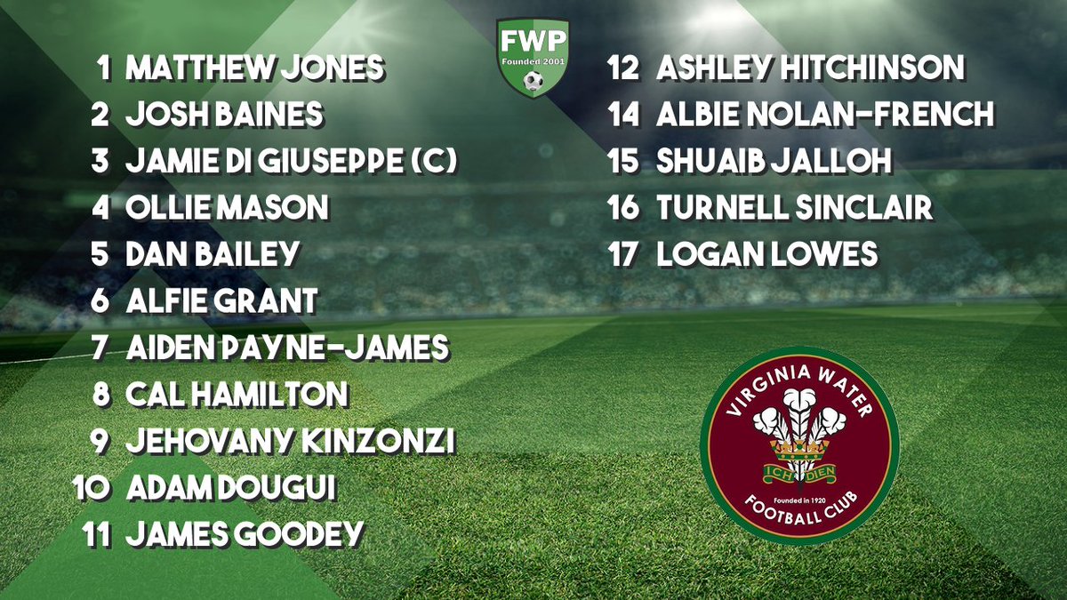 vwfcofficial's tweet photo. VIRGINIA WATER: Jones Baines Di Giuseppe (C) Mason Bailey Grant Payne-James Hamilton Kinzonzi Dougui Goodey; SUBS: Hitchinson Nolan-French Jalloh Sinclair Lowes https://t.co/yEl1t9wWXg https://t.co/wAvZNXBm2N