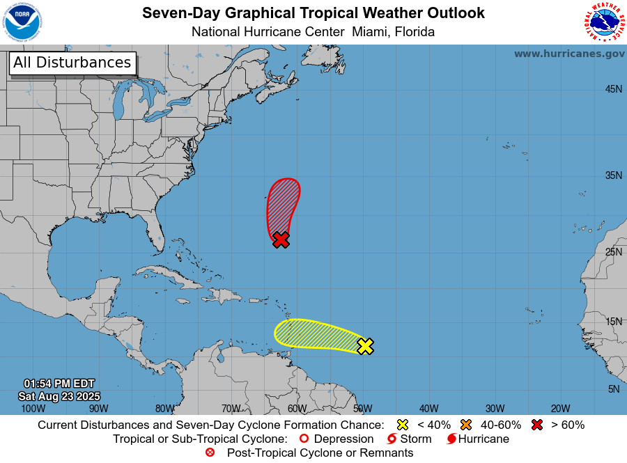 NHC_Atlantic's tweet photo. 2p Aug 23- A tropical storm is expected to form over the SW Atlantic by tonight (#AL90) and move northward. Elsewhere, some development is possible with a tropical wave (#AL99), and locally heavy rain & gusty winds are expected Sunday & Monday across the Windward Islands. https://t.co/plmc631ZpU
