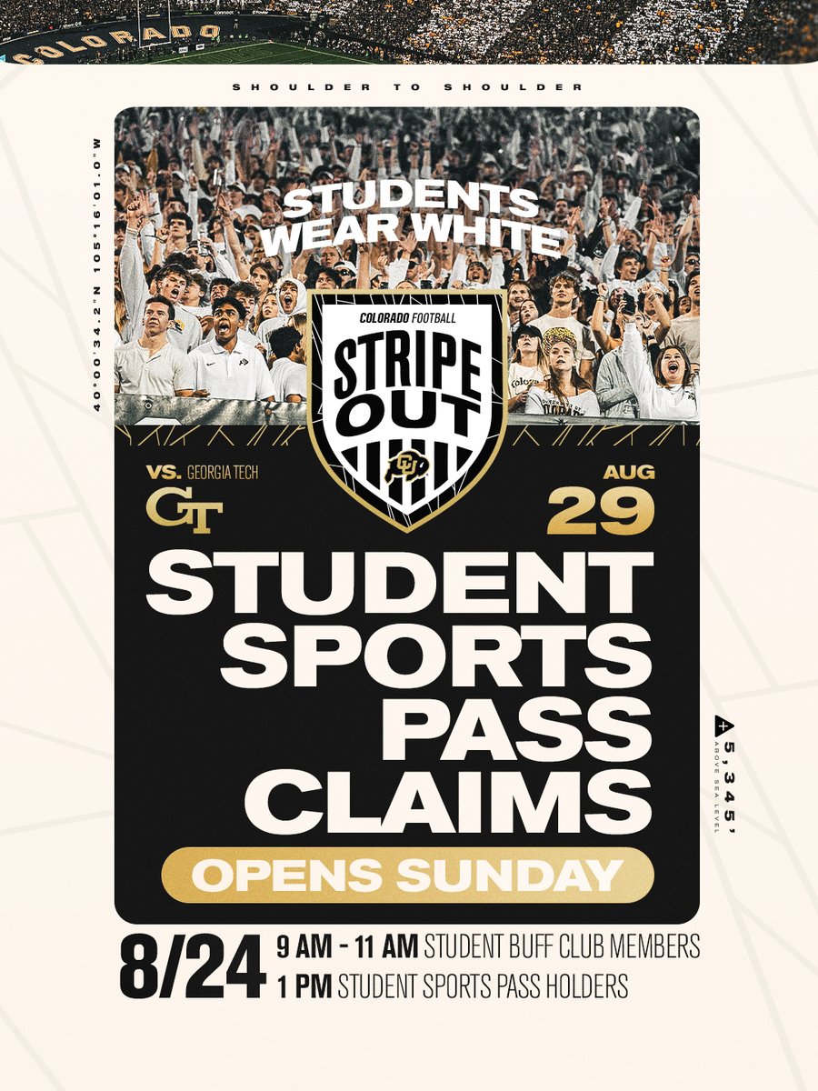 Colorado Buffaloes (@cubuffs) on Twitter photo STUDENTS: The first <a href="/CUBuffsFootball/">Colorado Buffaloes Football</a> ticket claim opens Sunday 🚨
🔗 » cubuffs.com/students STUDENTS: The first <a href="/CUBuffsFootball/">Colorado Buffaloes Football</a> ticket claim opens Sunday 🚨
🔗 » cubuffs.com/students