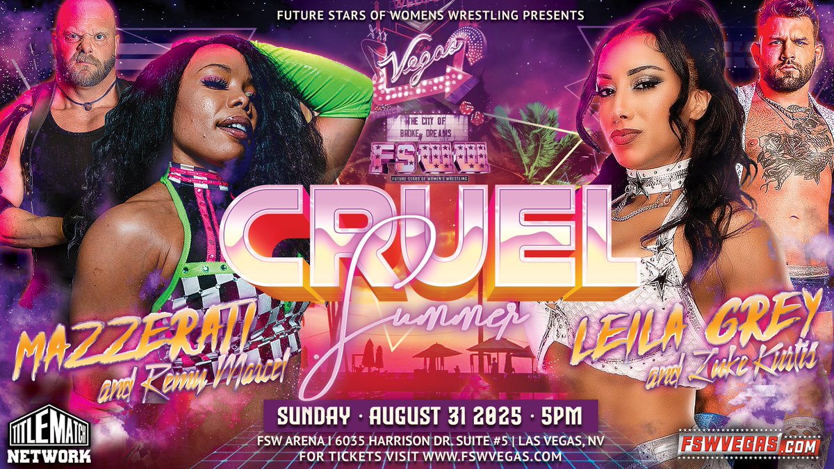 🔥 FSWW Cruel Summer 🔥
📅 Sunday, Aug 31, 2025 | 5PM
📺LIVE on <a href="/TitleMatchWN/">Title Match Network</a> 
📍 FSW Arena | #LasVegas 

🎟️ Ticket + Streaming links in our bio!

🏟️ FSW Arena, 6035 Harrison Dr, Las Vegas, NV 89120 (5 mins from Harry Reid Intl Airport)
