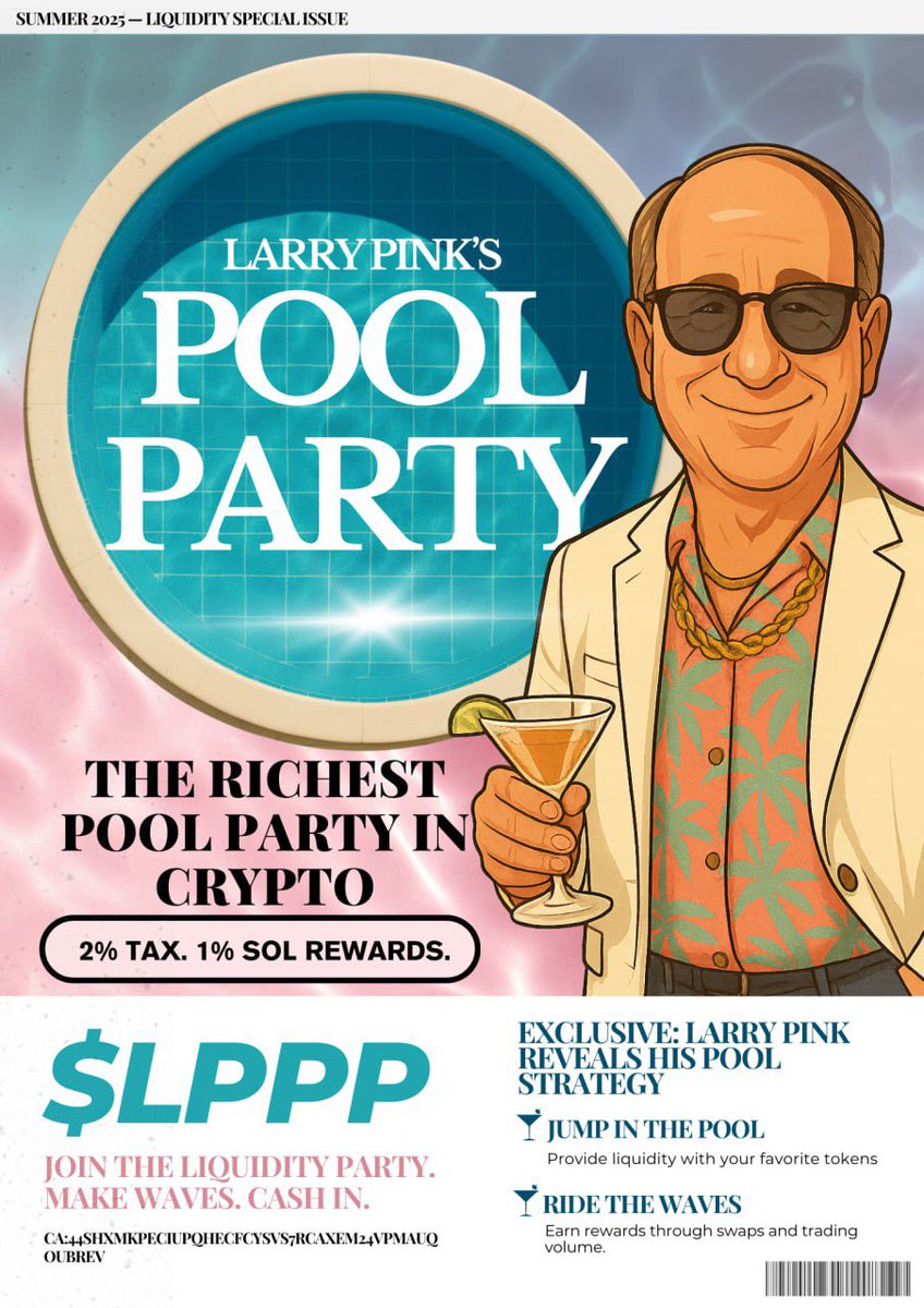 🎉 The Richest Pool Party in Crypto is LIVE! 🎉
After $MAD left the floaties half-inflated, we’re diving headfirst into our own arbitrage wave with the launch of Larry Pink’s Pool Party Token — $LPPP 🌊🍹

💦 Jump in the Pool → Provide liquidity to top tokens
🌊 Ride the Waves