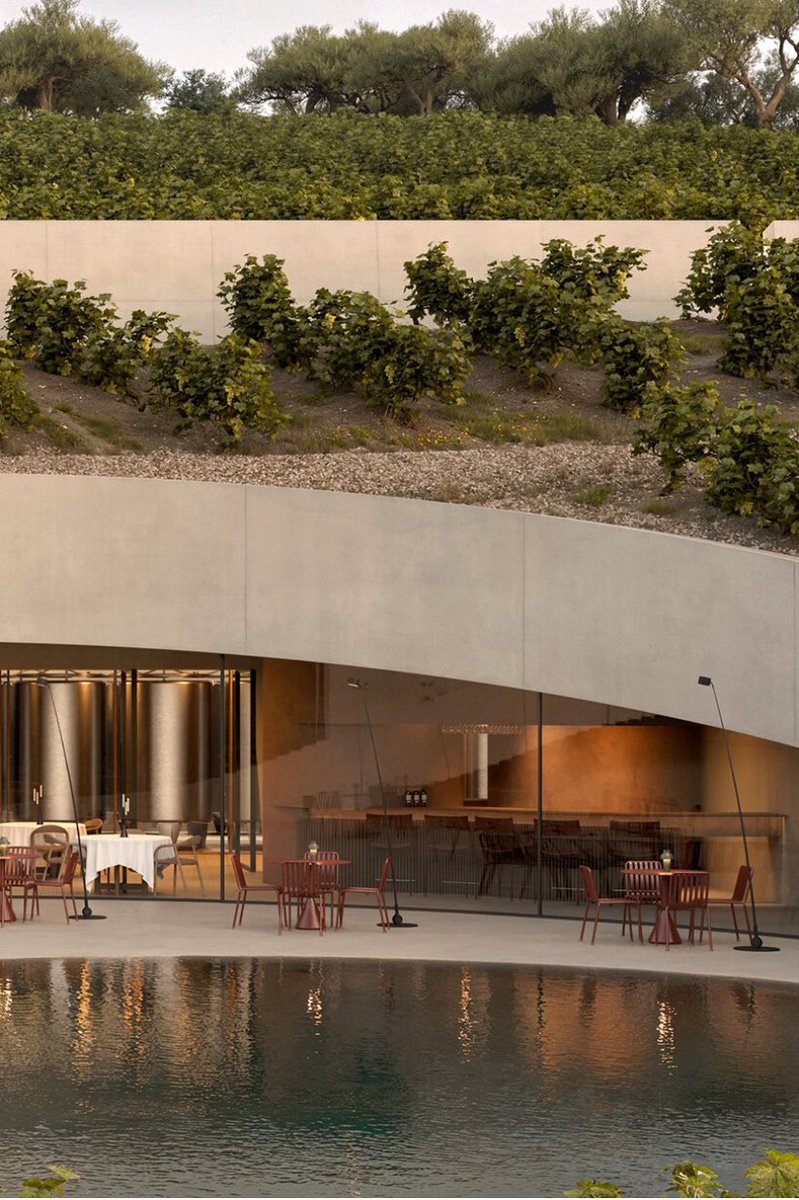 archdesign281's tweet photo. The project leaves only two visible traces:
•a linear cut housing fermentation, barrel, and bottling rooms
•a circular excavation in the terrain that becomes a central plaza, a meeting point overlooking the vineyard. https://t.co/KTnvf26uxt