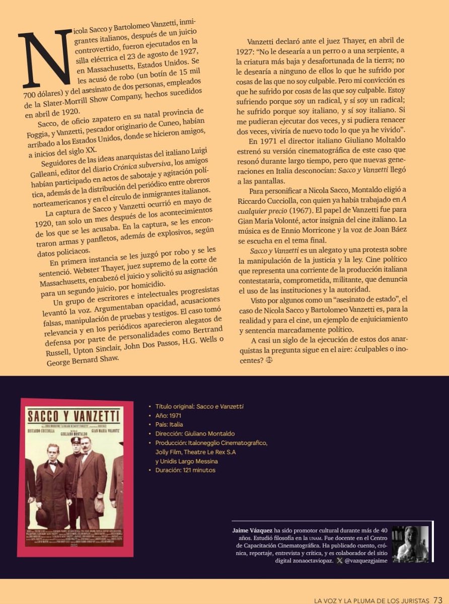 El 23 de agosto de 1927 fueron ejecutados Sacco y Vanzetti, anarquistas. La historia de su juicio desató protestas en el mundo. Giuliano Montaldo filmó su versión en 1971. Una nota de <a href="/revistaabogacia/">Revista abogacía</a>