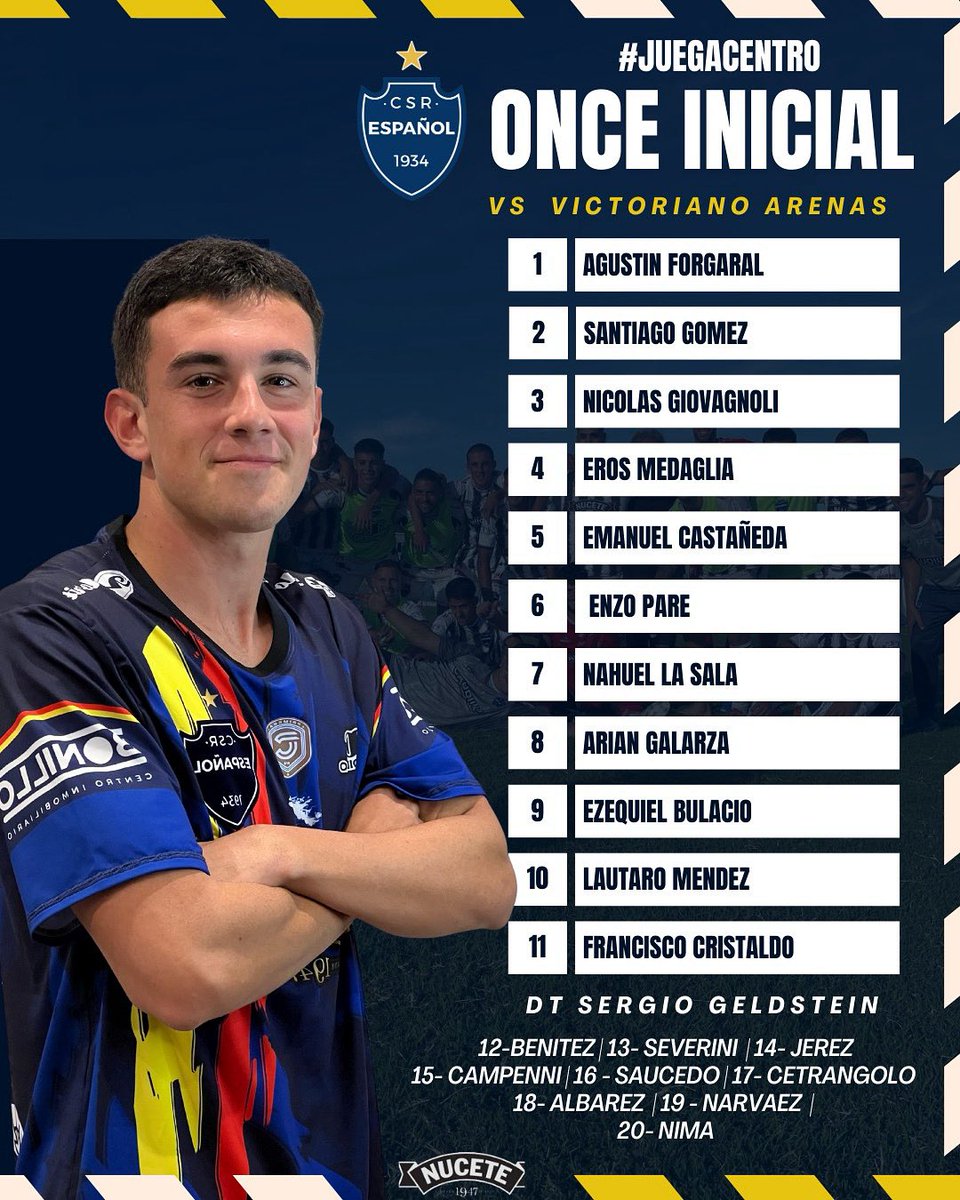 Estos son los 11 elegidos por Sergio Geldstein para enfrentarse a Victoriano Arenas , por la fecha 23 de la Primera C - 🔵⚪️.

#VamosCentro #CentroEspañol #primerac