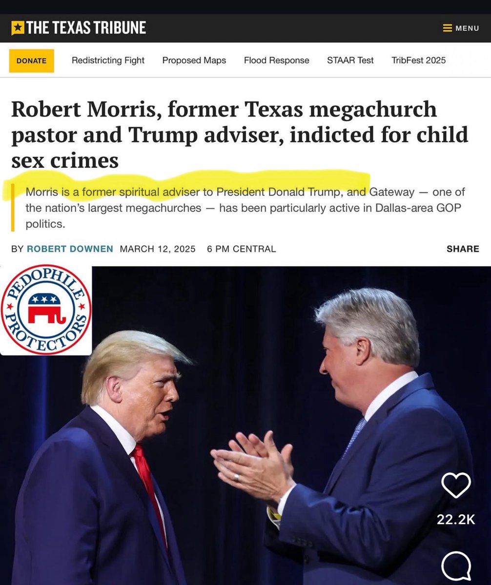 kelly2277's tweet image. Trump’s spiritual advisor, Pastor Robert Morris has been indicted for child sex crimes. Trump’s best friends, Epstein and co conspirator Ghislaine Maxwell are pedophiles. Trump purposely surrounds himself w pedophiles and sexual assaulters. #RepublicanSexualPredators