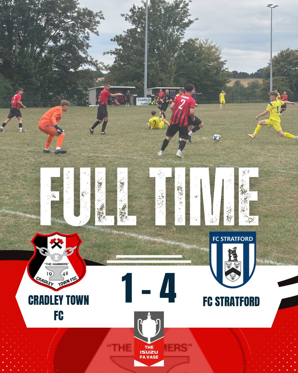 FULLTIME RESULT 

Not the result we wanted but we lost 4-1 to Stratford FC in the Vase Cup. 💔⚽️

👏 Big credit to Rahiem for getting on the scoresheet with our only goal of the game.
🔴⚫️

#CradleyTownFC #UpTheHammers