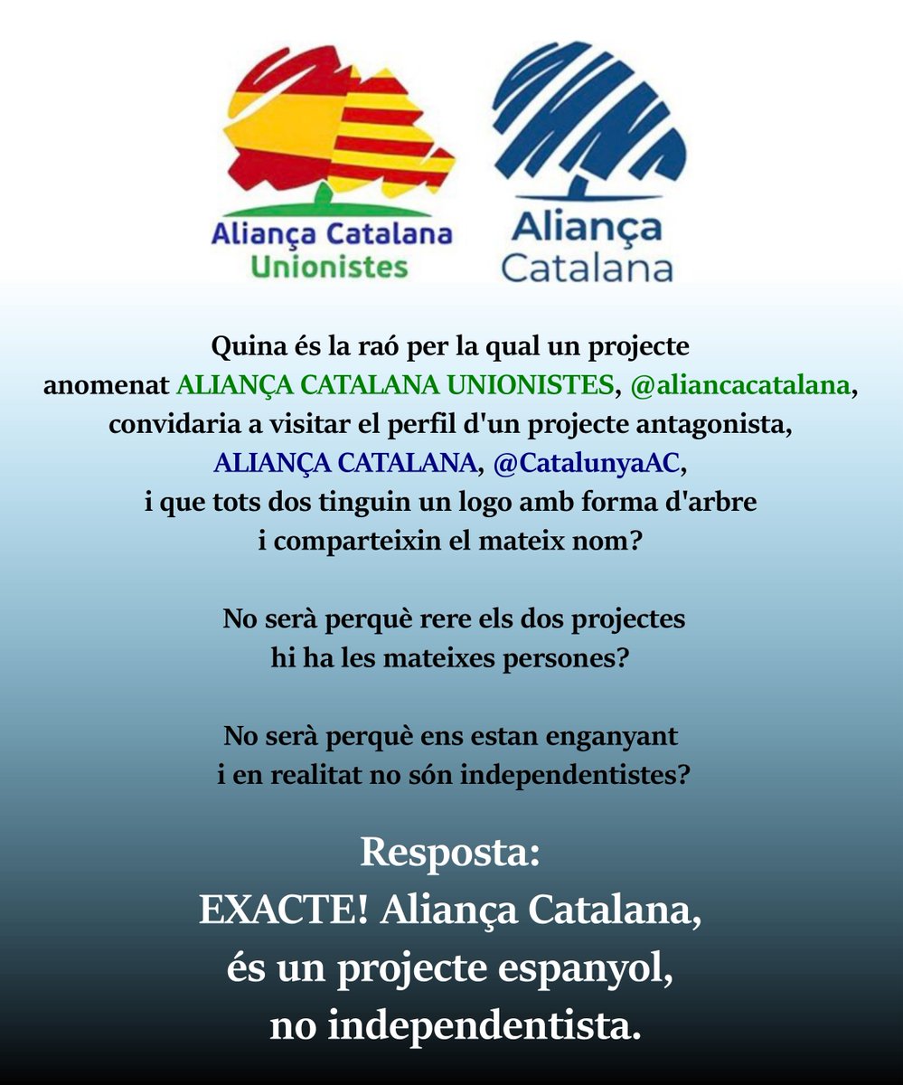 Càsum Toth (@casumtoth) on Twitter photo 1🟨 Advertència:
AQUEST ENFILALL POT FERIR LA SEVA SENSIBILITAT,
ESPECIALMENT SI VOSTÈ ÉS AL·LÈRGIC A LA VERITAT.
No, no és que <a href="/aliancacatalana/">Aliançacatalana</a>, ara <a href="/CatalunyaAC/">Aliança Catalana</a>, reutilitzi un logo espanyolista amb el mateix aspecte ( un arbre ) i el mateix nom ( Aliança Catalana ) ... És 1🟨 Advertència:
AQUEST ENFILALL POT FERIR LA SEVA SENSIBILITAT,
ESPECIALMENT SI VOSTÈ ÉS AL·LÈRGIC A LA VERITAT.
No, no és que <a href="/aliancacatalana/">Aliançacatalana</a>, ara <a href="/CatalunyaAC/">Aliança Catalana</a>, reutilitzi un logo espanyolista amb el mateix aspecte ( un arbre ) i el mateix nom ( Aliança Catalana ) ... És