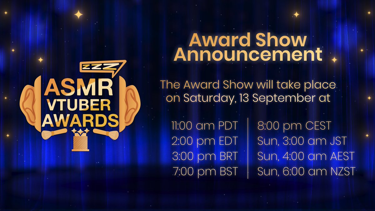 💛 AVA '25 - Award Show Announcement 💛

The Award Show will take place, on our Twitch channel, on Saturday, 13 September, 6:00 pm UTC±0.

🌐Website: asmrvtuberawards.show
🟣Twitch: twitch.tv/asmrvtuberawar…
🪙Support us: ko-fi.com/s/72ceb2a099

#ASMR #ENVTuber