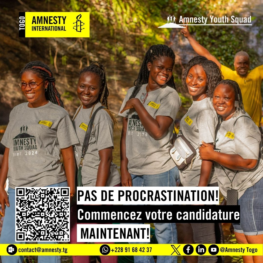AmnestyTogo's tweet photo. 💡 C'est le weekend, c’est le moment parfait pour agir !

Ne repousse pas à demain : lance ta candidature à Amnesty Youth Squad 2025 dès aujourd’hui.

#AmnestyYouthSquad #AYS2025 #AmnestyTogo #NoProcrastination https://t.co/uwORnP59BU