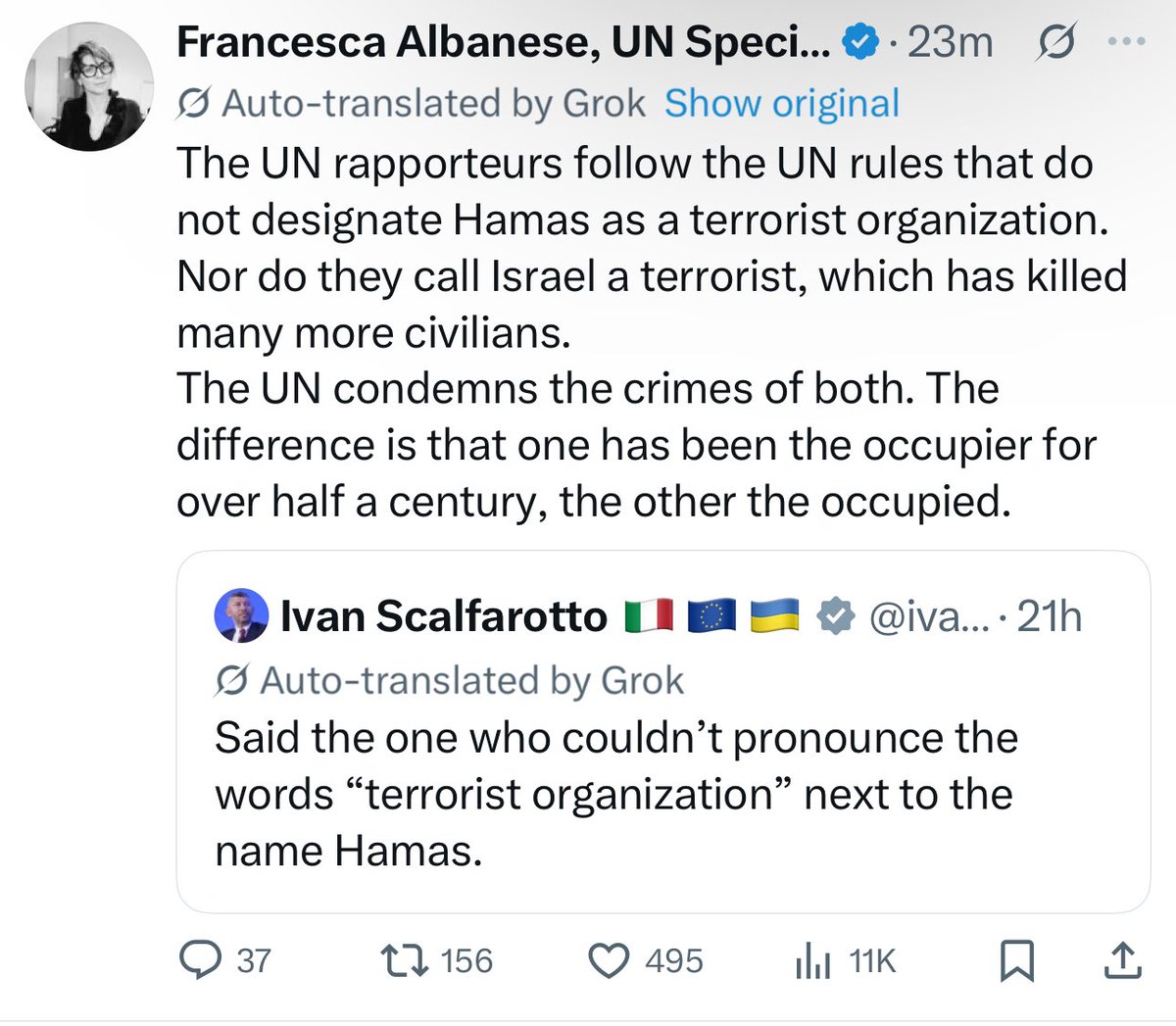 🚨 A UN official just openly admitted she does NOT consider Hamas a terrorist organization.

This is who the UN is. Not a neutral body. Not a peacekeeper. A shield for terrorists.

Defund the UN.
Immediately and permanently.