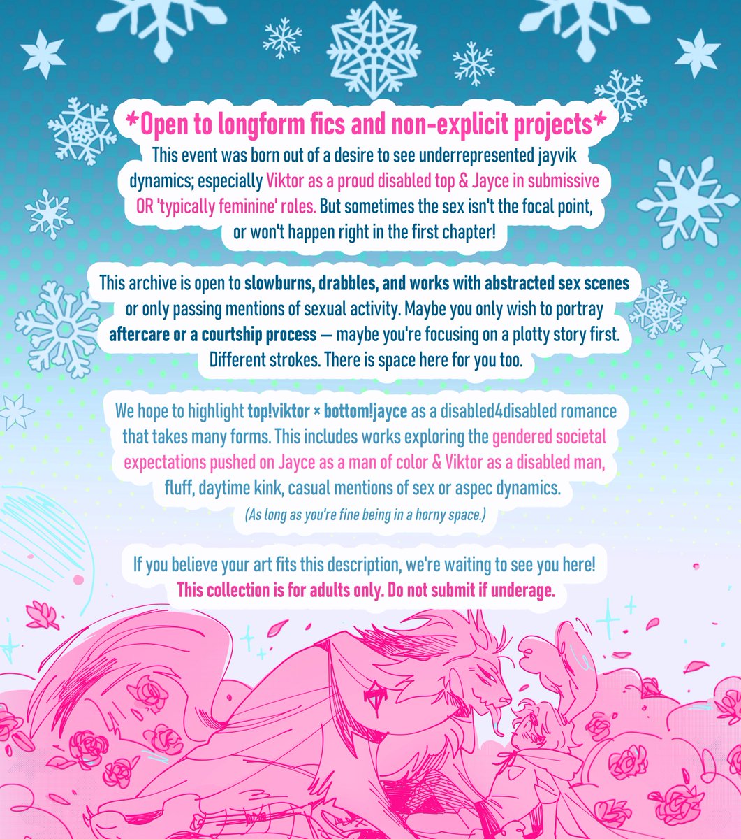 bottomjayceweek's tweet image. ◇ #BottomJayceWinter BASICS ◇  

Pass the yaoi! Let's talk about the new AO3 archive &amp;amp; what else you can expect from our festivities.  

🐰🍧BJW is not a standard week event. Some of our format offerings will be familiar, others will be evolving with time…  

#jayvik