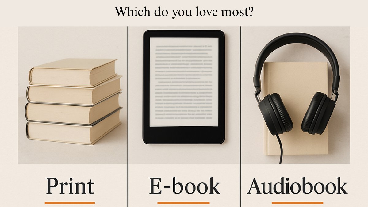 📖 Would You Rather Read…
Print, eBook, or Audiobook? 🎧📱