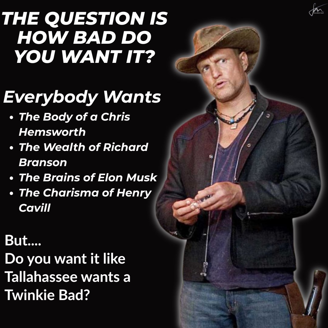 D2TBroadcast's tweet image. Everyone wants the body of Hemsworth, the wealth of Branson, the brains of Musk, the charisma of Cavill

But the real Q:
👉 How bad do you want it?

Bad like Tallahassee wanted a Twinkie in Zombieland?
That’s the kind of hunger it takes to thrive.

#Driven2Thrive #MindsetMatters