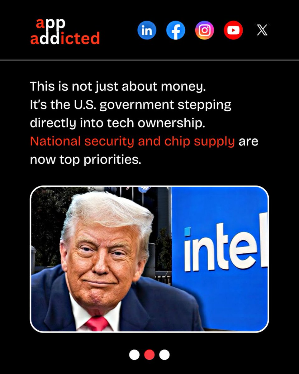 appaddicted_co's tweet photo. The U.S. now owns 10% of Intel—a bold shift in tech policy. This could transform how chips are made, regulated, and funded.

#Intel #ChipsAct #TechPolicy #USTech #AppAddicted #Semiconductors #IndustrialStrategy #TechNews https://t.co/3odOqJsPI2