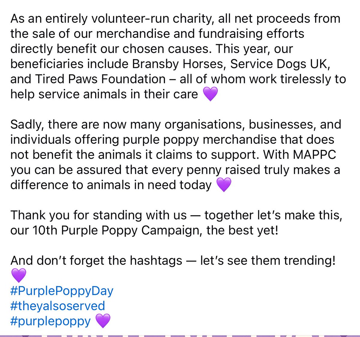 Today is Purple Poppy Day. As the official ambassadors of animal remembrance in the U.K, Murphy’s Army Purple Poppy Campaign invites you to join us in honouring this special day. #theyalsoserved #PurplePoppyDay