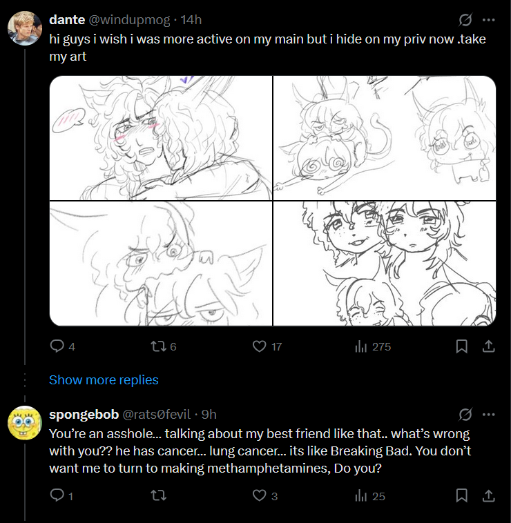 <a href="/rats0fevil/">spongebob</a> <a href="/tidunacy/">caine 🐰</a> <a href="/windupmog/">dante</a> the fuck happened in those replies