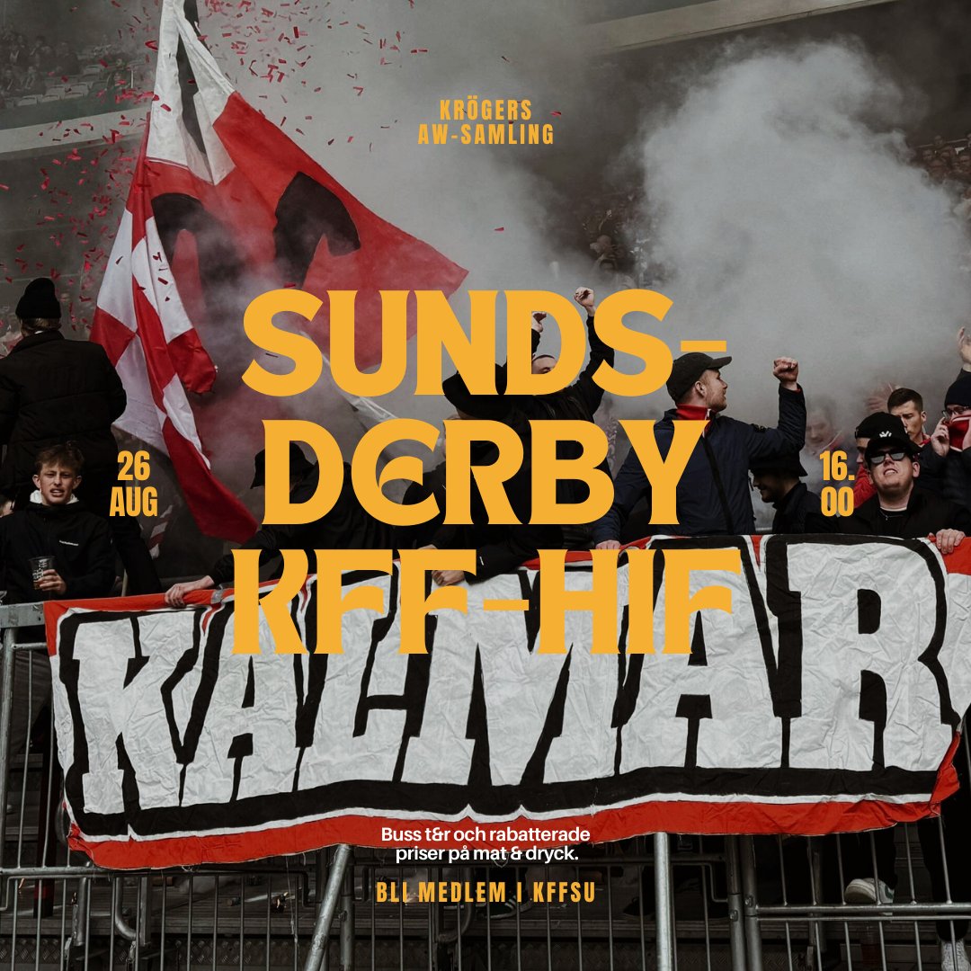 Oerhört viktig match mot HIF på tisdag och vi siktar på en riktigt fin AW-samling på Krögers som öppnar 16.00

Kalmar Slott > Kärnan
Kalmarsund > Öresund
Ölandsbron > Varvsbron
Dessi > Sundsbussarna
Öland > Själland

Läs mer på:
kffsu.se/WP_KFFSU/?p=42…

Upp i år!