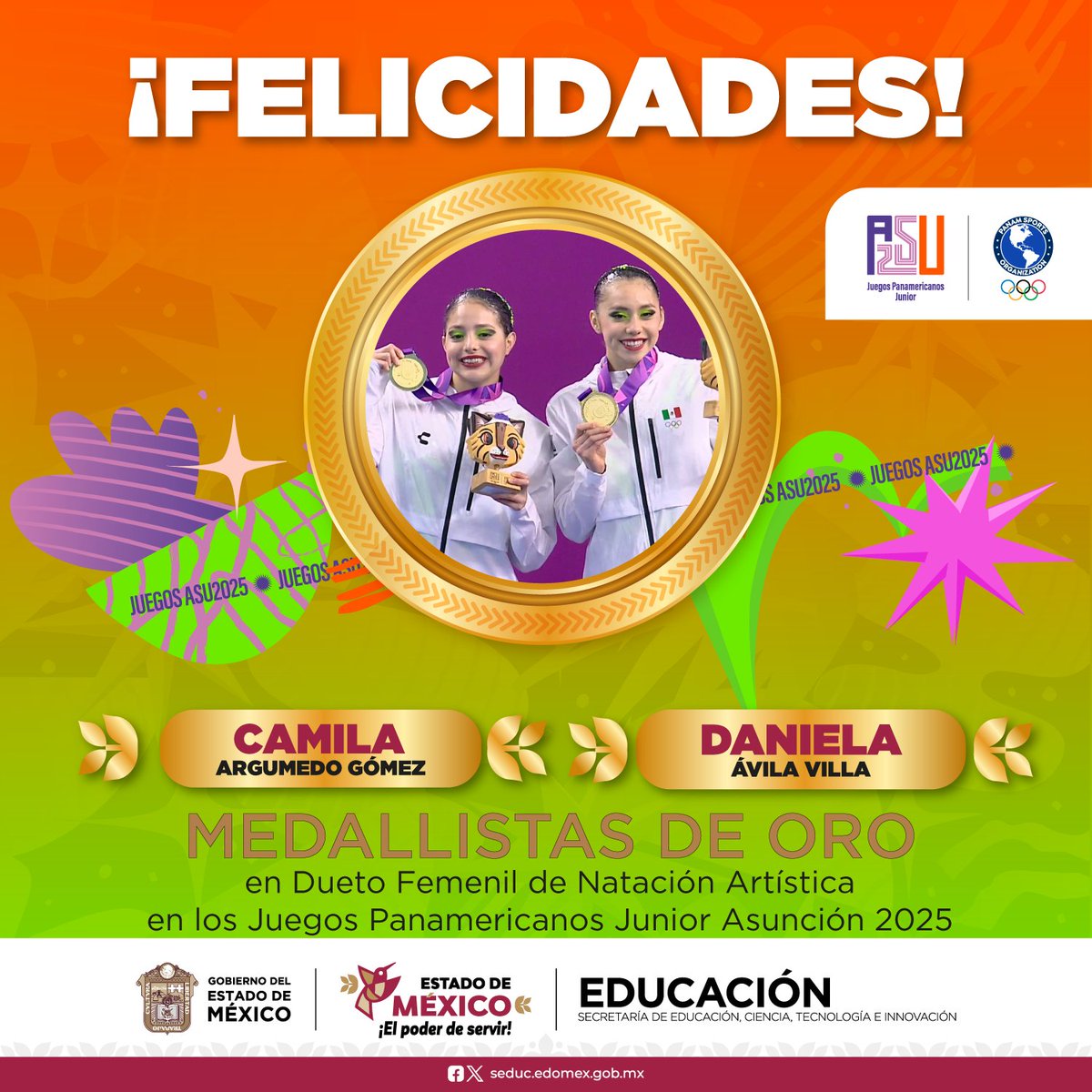 IDEM_Edomex's tweet image. 🌊✨ Arte y perfección en el agua.

Las mexiquenses Camila Argumedo Gómez y Daniela Ávila Villa brillaron con talento y sincronía en natación artística, dueto femenil, durante los Juegos Panamericanos Junior #ASU25, demostrando gracia y energía en cada movimiento. 💫🇲🇽

¡Gracias!