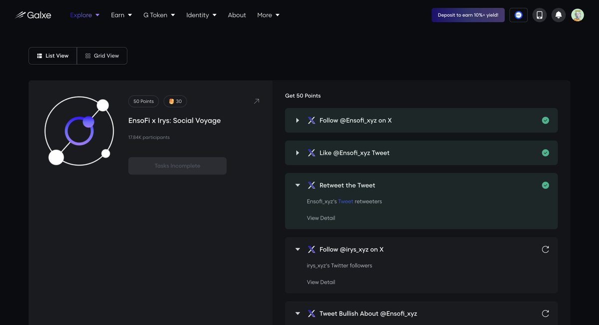 So we have new campaign for <a href="/irys_xyz/">Irys (✧ᴗ✧)</a> and <a href="/Ensofi_xyz/">EnsoFi</a> on Galxe 🪂

You can win 500 USDC and more rewards if you will complete some tasks

Few task step-by-step:

- Follow Irys X
- Follow Ensofi X
- Like this tweet: x.com/Ensofi_xyz/sta…
- Retweet it
- Write post about Irys with