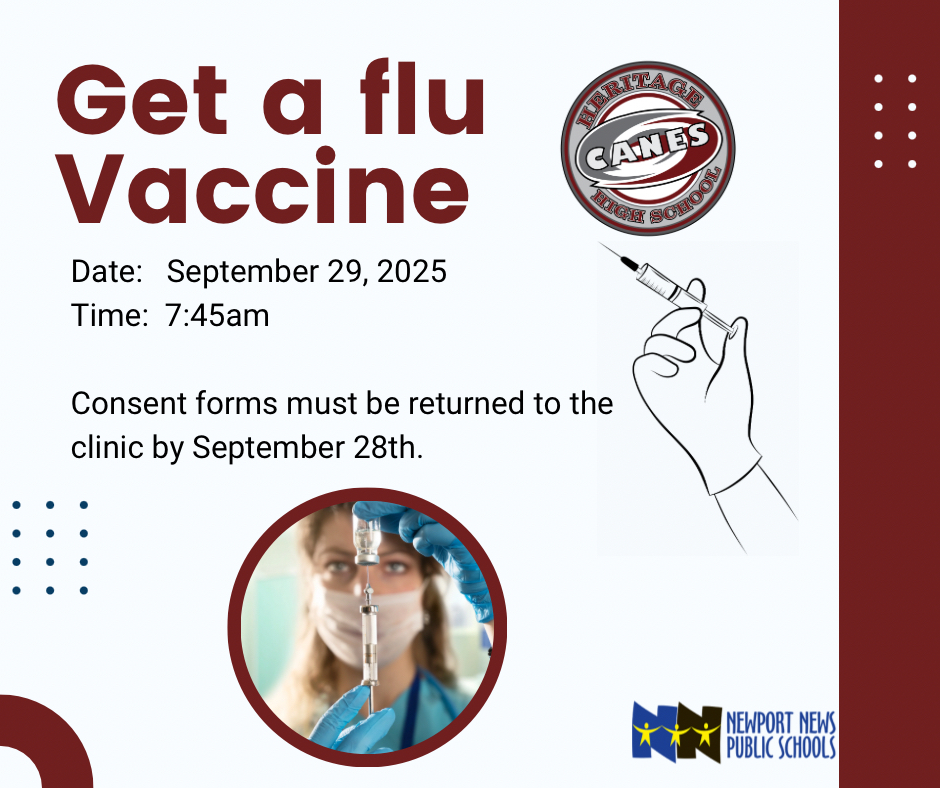 #5800Family… Hurricanes that would like to get the Flu vaccine can obtain forms from homeroom teachers starting Monday.  Forms must be returned to the clinic before September 28th.  Contact the clinic for questions.