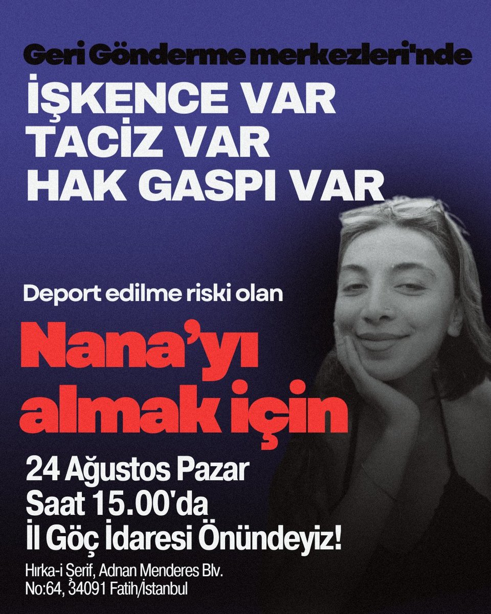 Nana'ya yapılan GGM işkencesine karşı İl Göç İdaresi önünde toplanıyoruz.

Nana'yı geri alana, can güvenliğini sağlayana kadar mücadele edeceğiz!

<a href="/Gocidaresi/">Göç İdaresi Başkanlığı</a>'ne sesleniyoruz: Nana'yı göz göre göre ölüme göndermeyeceksiniz!

#NanayıGöndermiyoruz
<a href="/TC_icisleri/">T.C. İçişleri Bakanlığı</a> <a href="/AliYerlikaya/">Ali Yerlikaya</a>