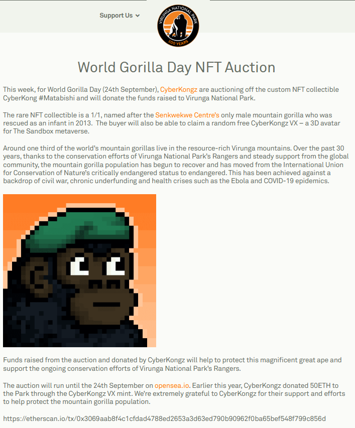 👀 I’m continuing my research on <a href="/CyberKongz/">CyberKongz</a> and I found out that they donated funds to Virunga National Park and even held a charity auction for one of their 1/1 NFTs (this was in 2021)

Projects from 2021 were truly amazing, they just need more time to mature

✏️ Writing…