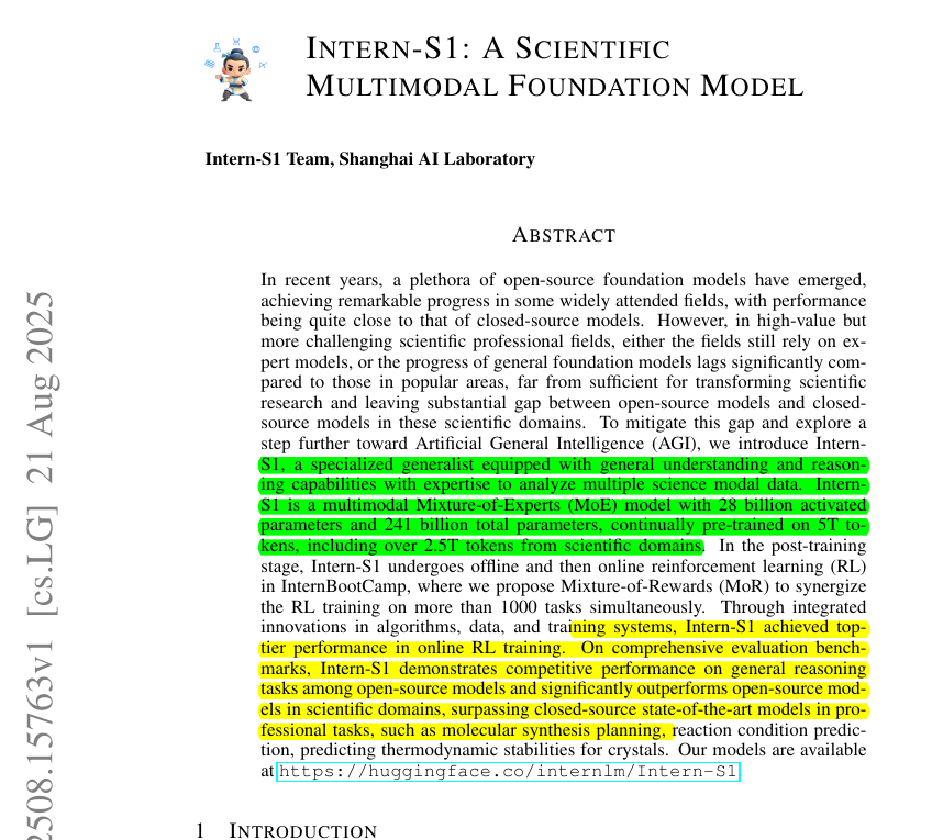 🇨🇳Another great paper from a Chinese Lab.

Scientific Discovery is going fully AI-native, and chemistry, physics, and biology won’t look the same after this.

Shanghai AI Lab has dropped Intern-S1, 

It's a scientific multimodal MoE that reads images, text, molecules, and