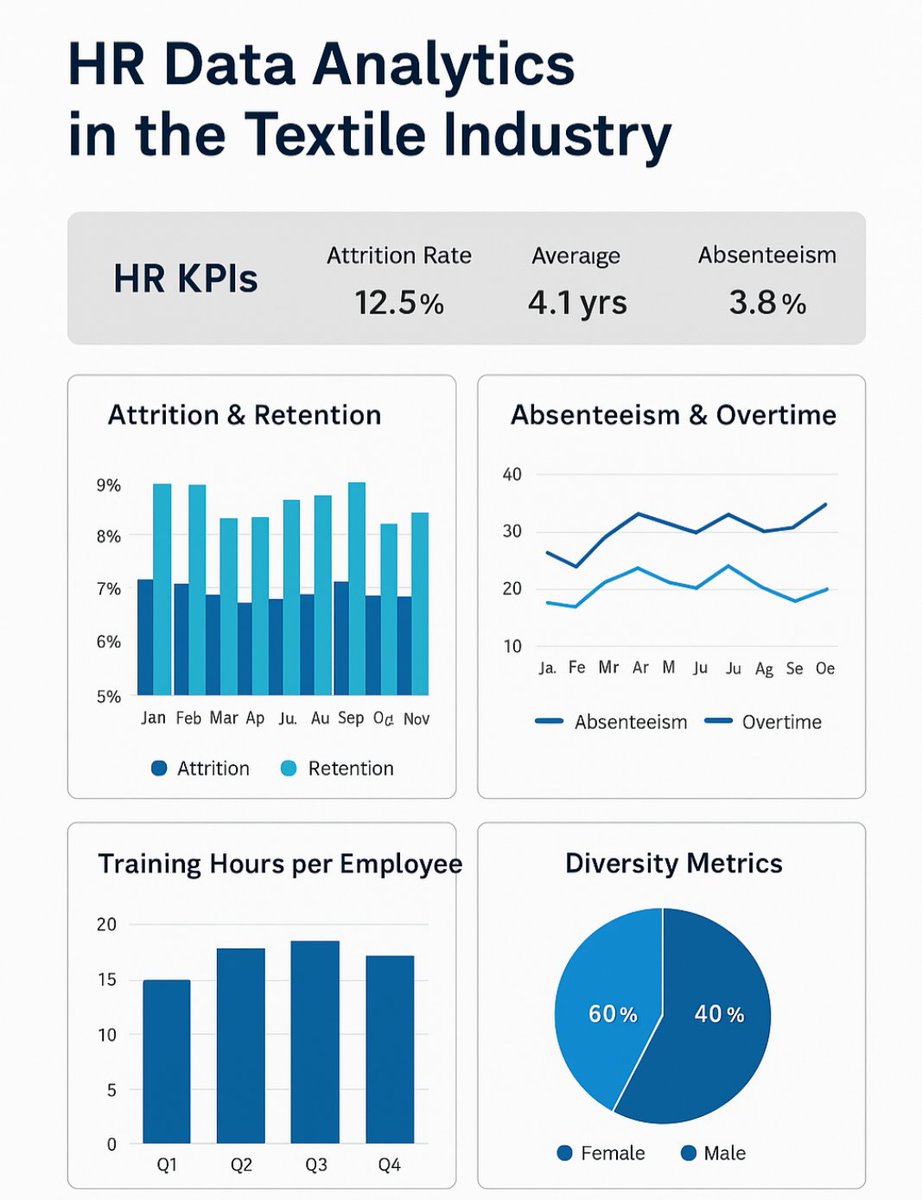 📊 HR Data Analysis in the Textile Industry 🧵
The textile industry is one of the largest employers worldwide – but managing people effectively is always a challenge. 
#HRAnalytics #PowerBI #PeopleAnalytics #TextileIndustry #DataDrivenHR