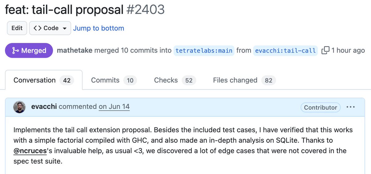 evacchi's tweet image. Another thing to be proud of: the tail spec has been merged into the #wazero #wasm runtime. Even though it&apos;s relatively simple, it actually took a few weeks to get right in the interpreter and in both backends (arm64 and amd64).

Thanks ncruces and @mathetake  for the support!